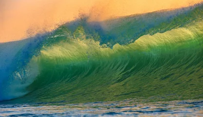 Powerful Ocean Wave Curling with Translucent Green Water at Golden Sunset © willyam