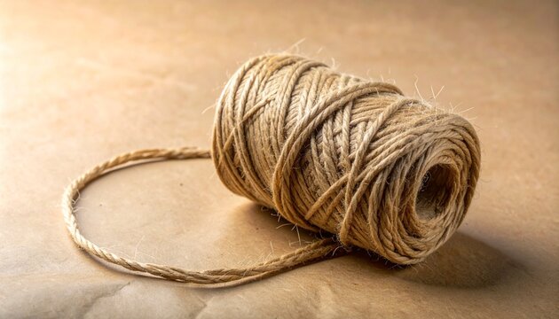 Coiled bundle of natural fiber twine on kraft paper background, symbolizing simplicity, texture, and utility in crafts and packaging.