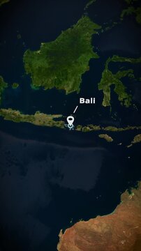 Vertical satellite map zoom to Bali, Indonesia with a location pin marker and text. Perfect for short-form social media travel promos, mobile app backgrounds, and digital advertising campaigns.
