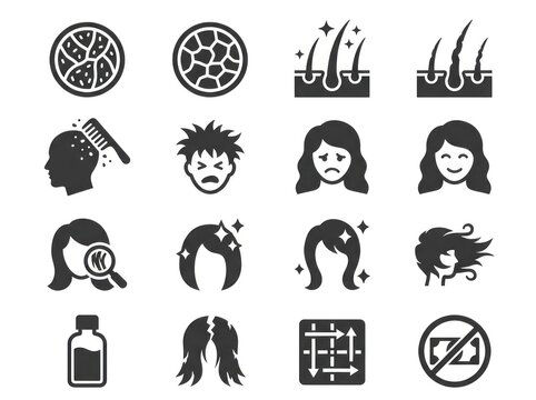 Hair care icons illustrate various hairstyles and treatments for men and women.