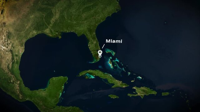 Satellite map zoom to Miami Florida with digital location pin and text label for broadcast news or travel presentation.
