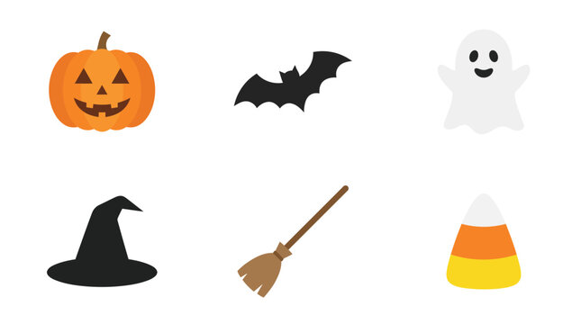 Set of cute halloween icons with pumpkin bat ghost witch hat broom and candy corn Vector
