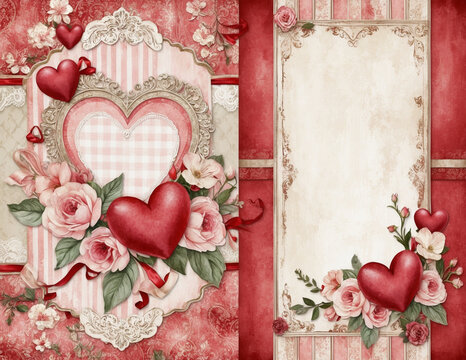 Coeurs et roses avec dentelles sur une double page avec un cadre. 
