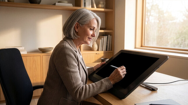 Lifelong Learner 007 Smiling Senior Woman Drawing on a Graphic Tablet with a Pen at a Wooden Desk
