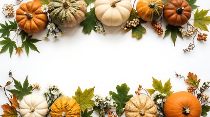 Obraz premium Autumn harvest pumpkins and fall leaves arranged in a festive border, isolated on transparent background. Seasonal.