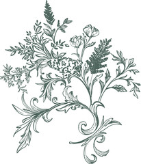 Fototapeta premium Toile de Jouy is a bouquet (arrangement) of isolated tropical plants in a vintage French style. This monochrome illustration is perfect for wedding designs, birthdays, branding, interior design