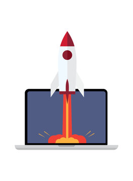 Flat vector illustration of a rocket launching from a laptop screen, concept for startup and business boost