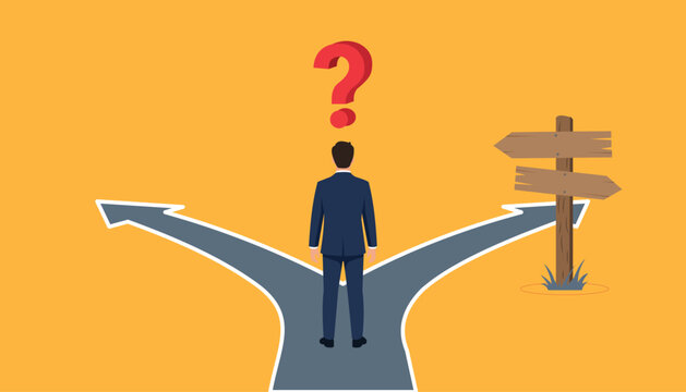 Businessman standing at a crossroads with a question mark, choosing between two paths, decision making concept