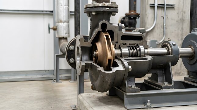 commercial condenser water pump with realistic partial cutaway revealing internal impeller assembly for industrial hvac circulation systems