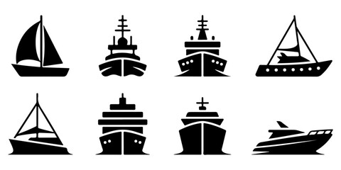 boat and sailboat silhouette icons featuring yachts, speedboats, fishing boats, and sailing vessels in minimalist flat vector style © MSTROUJATOUS