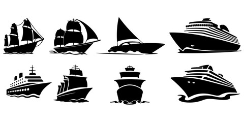 boat and sailboat silhouette icons featuring yachts, speedboats, fishing boats, and sailing vessels in minimalist flat vector style © MSTROUJATOUS