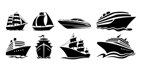 boat and sailboat silhouette icons featuring yachts, speedboats, fishing boats, and sailing vessels in minimalist flat vector style © MSTROUJATOUS