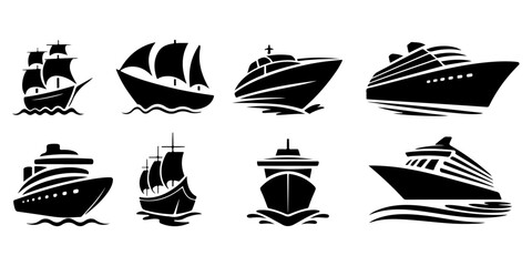 boat and sailboat silhouette icons featuring yachts, speedboats, fishing boats, and sailing vessels in minimalist flat vector style © MSTROUJATOUS