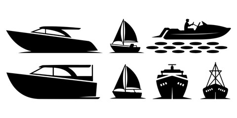 boat and sailboat silhouette icons featuring yachts, speedboats, fishing boats, and sailing vessels in minimalist flat vector style © MSTROUJATOUS