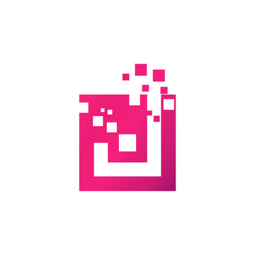 Abstract pixelated square logo with gradient pink to purple dissolving effect.
