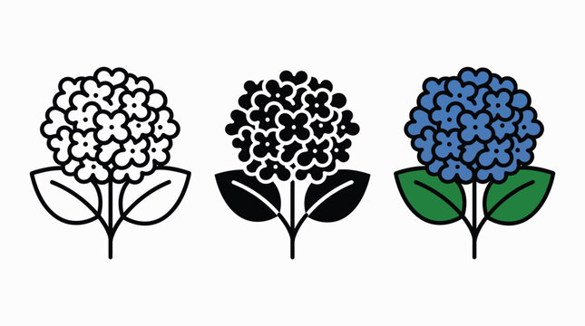 Set of hydrangea flower icons in line art solid black and colorful flat vector style Vector