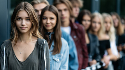 Fototapeta premium teenagers waiting before pop concert, excited teenage friends before music event, youthful fans gathering outside concert venue