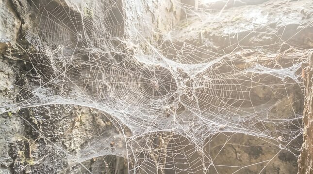 Thick spider webs on stone isolated on transparent background. Spooky theme for horror concepts.