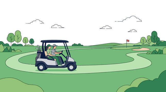 Golf cart driving on a green golf course fairway illustration.