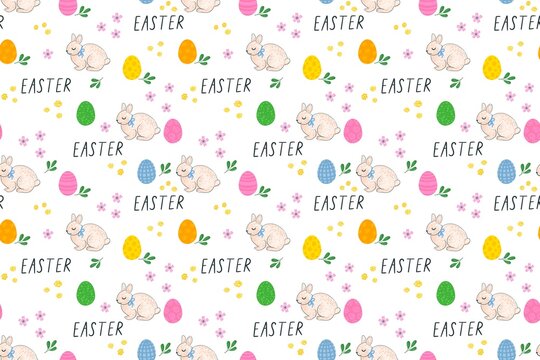 Easter bunny pattern with colorful eggs. Spring holiday background design