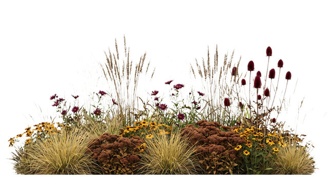 Colorful autumn garden border featuring vibrant yellow flowers purple asters and tall dry grasses showcased on transparent background