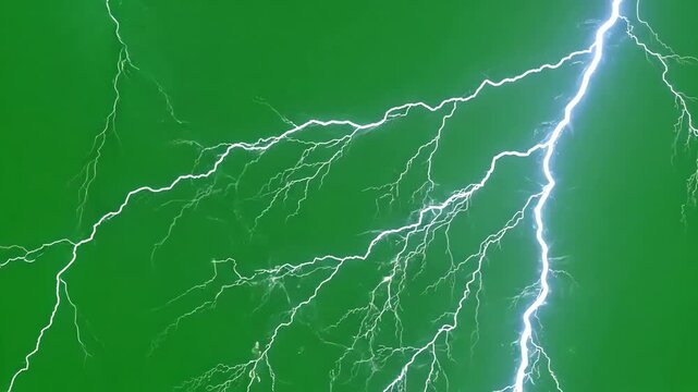 Dramatic realistic lightning strikes flashing across a chroma key green screen background for visual effects compositing