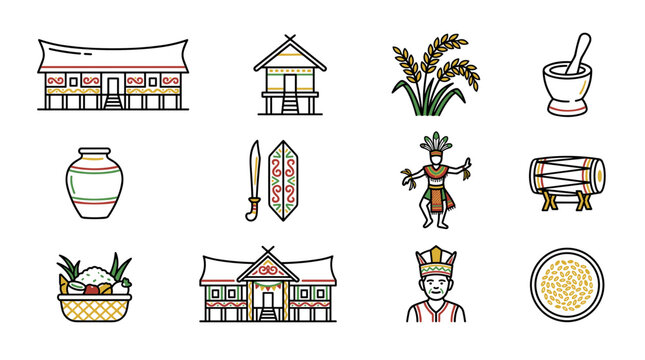 Borneo Traditional Culture Icons: Houses, Rice, People, Drum, Mortar