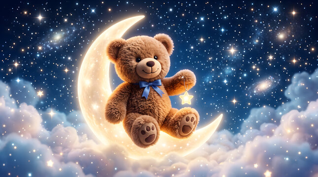 Cute Teddy Bear Sitting on Crescent Moon Among Stars Dreamy Nursery Fantasy Illustration Style Ultra Realistic 16K