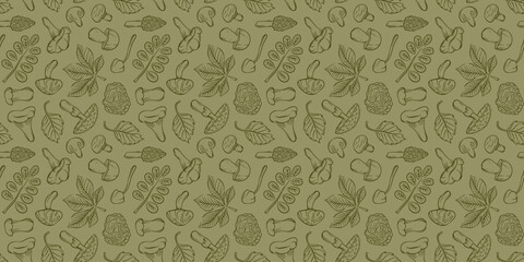 Garden and harvest seamless pattern with mushroom and leaf in line art style. Farming and healthy food concept illustration for greeting card. © Iryna
