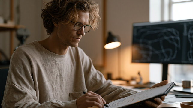 A game developer in a minimalist studio sketches enemy character behavior trees on a tablet, a secondary monitor showing engine viewport wire frames behind him, capturing the