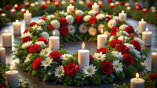Solemn memorial wreath with red and white flowers and candles