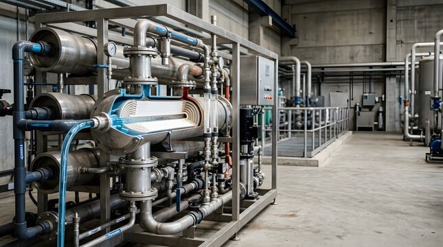 industrial membrane filtration skid with realistic partial cutaway revealing spiral wound membrane modules for water purification