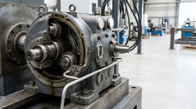 industrial planetary gearbox with realistic partial cutaway revealing planetary gear train for high torque power transmission