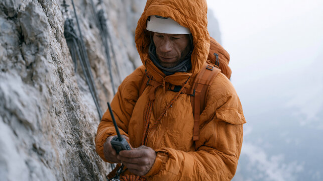 Mountain rescue team member in an orange insulated jacket sets up a GPS beacon on a narrow rock ledge in early morning fog, rope anchors drilled into cliff face, valley floor