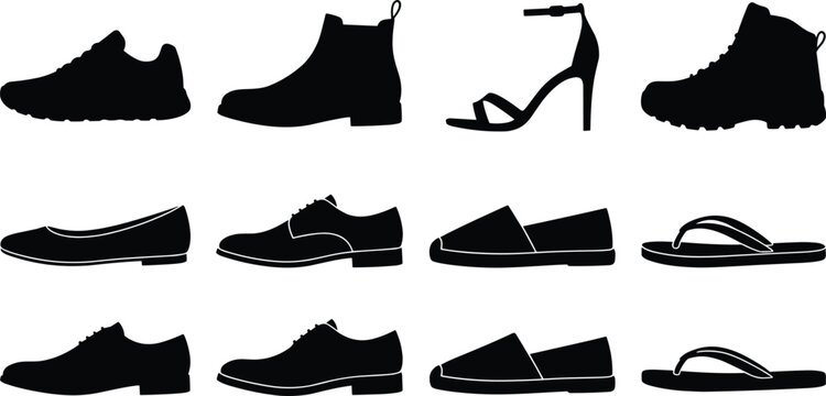 Collection of men and women shoes silhouette icons featuring boots sneakers high heels dress shoes and sandals isolated on white background