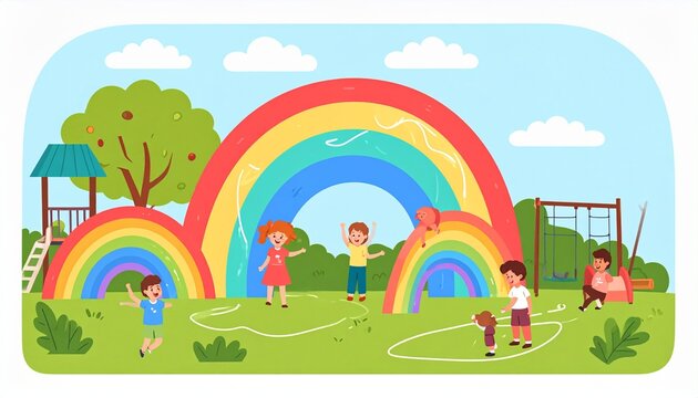 Colorful rainbow playground with children and slides.