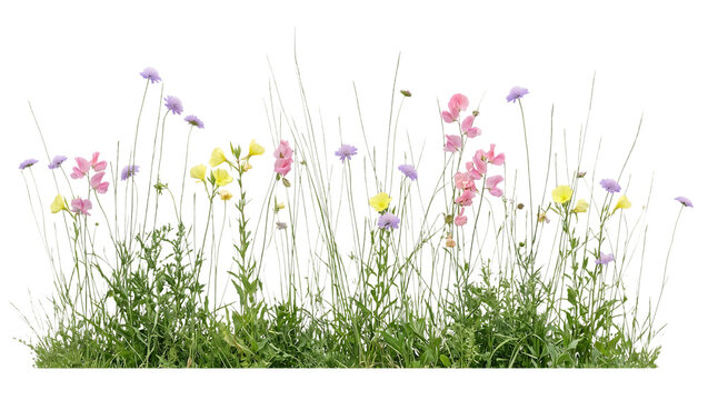 Beautiful wildflower meadow featuring pink sweet peas yellow evening primrose and purple scabiosa stalks presented on transparent background