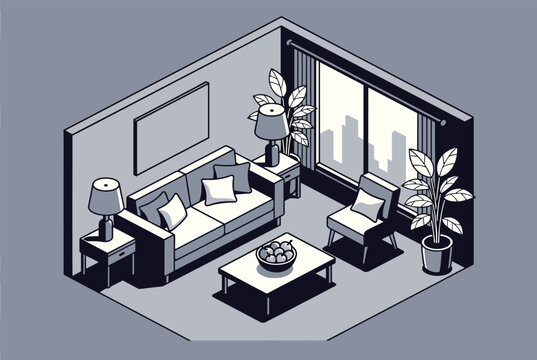Detailed isometric drawing of a modern living room interior features a sofa, armchairs, and plants in a monochromatic color scheme.