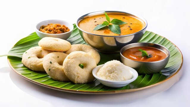 Delicious south indian breakfast medu vada idli sambar chutney isolated on a white background