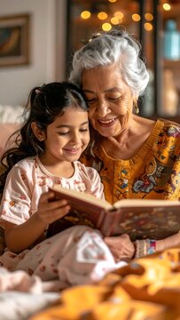 A heartwarming scene of an elderly woman and a young girl reading a book together on a cozy bed