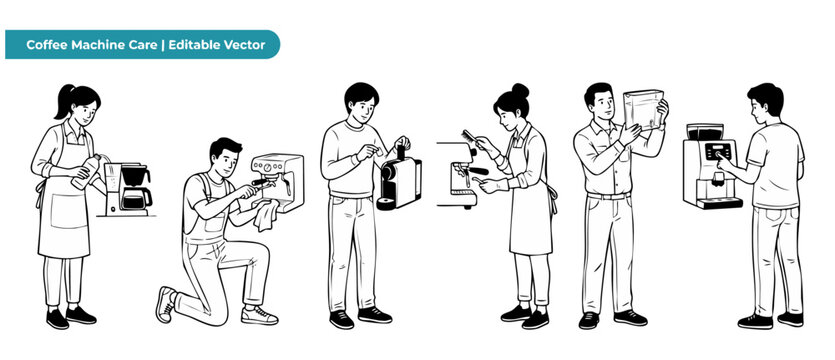 Coffee machine cleaning maintenance vector line art illustration set of people repairing, servicing, descaling and washing espresso makers, automatic coffee brewers, capsule machine care concept sets.