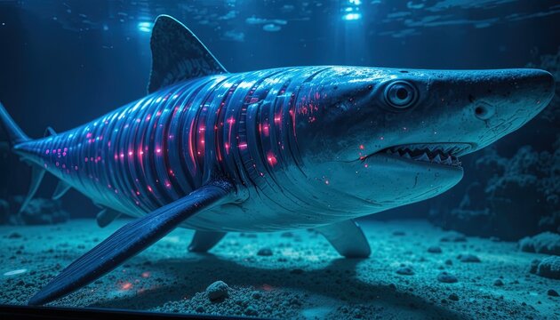 Bioluminescent shark swims through a dark ocean environment.