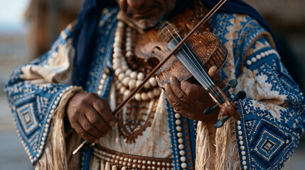 Obraz premium Roma musician tuning handcrafted violin backstage at outdoor autumn festival warm amber light performance arts cultural heritage Eastern European traveling community celebration⊕