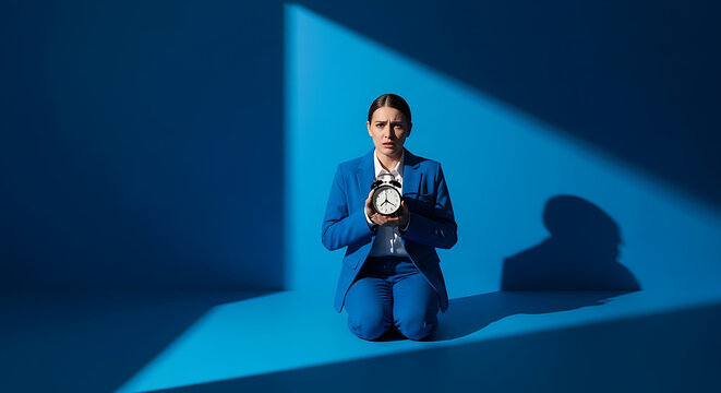 Woman in blue suit holding alarm clock with worried expression