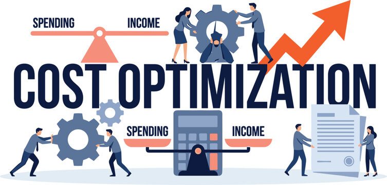 Cost optimization business typography banner vector illustration with micro business characters balancing scales gears budget calculator document and growing arrow concept