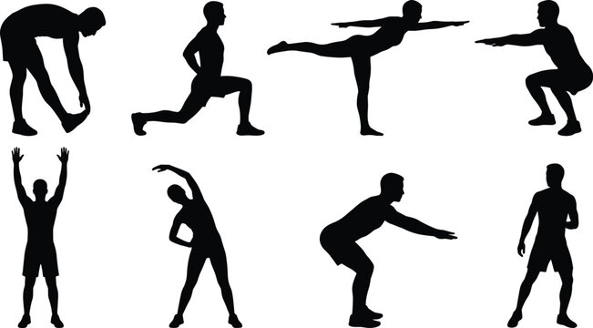 Fitness workout and stretching exercise silhouette set featuring men performing squats lunges yoga balance poses and dynamic gym movements