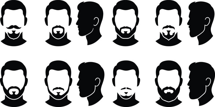 Male Hairstyle and Beard Silhouette Icon Set