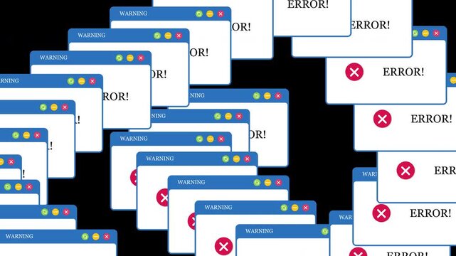 Multiple system error popup windows animation with transparent background. Glitch notification overlay for video editing, cyber security, technology, and motion graphics.