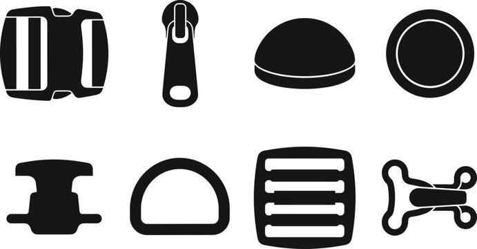 Garment and bag accessories icon set featuring plastic buckle, zipper slider, metal buttons, and belt adjusters on white background