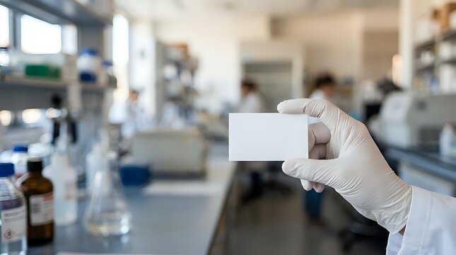 Scientist in laboratory holding blank white card with gloved hand, blurred research facility background with equipment and staff, suitable for medical, scientific, and corporate communications.